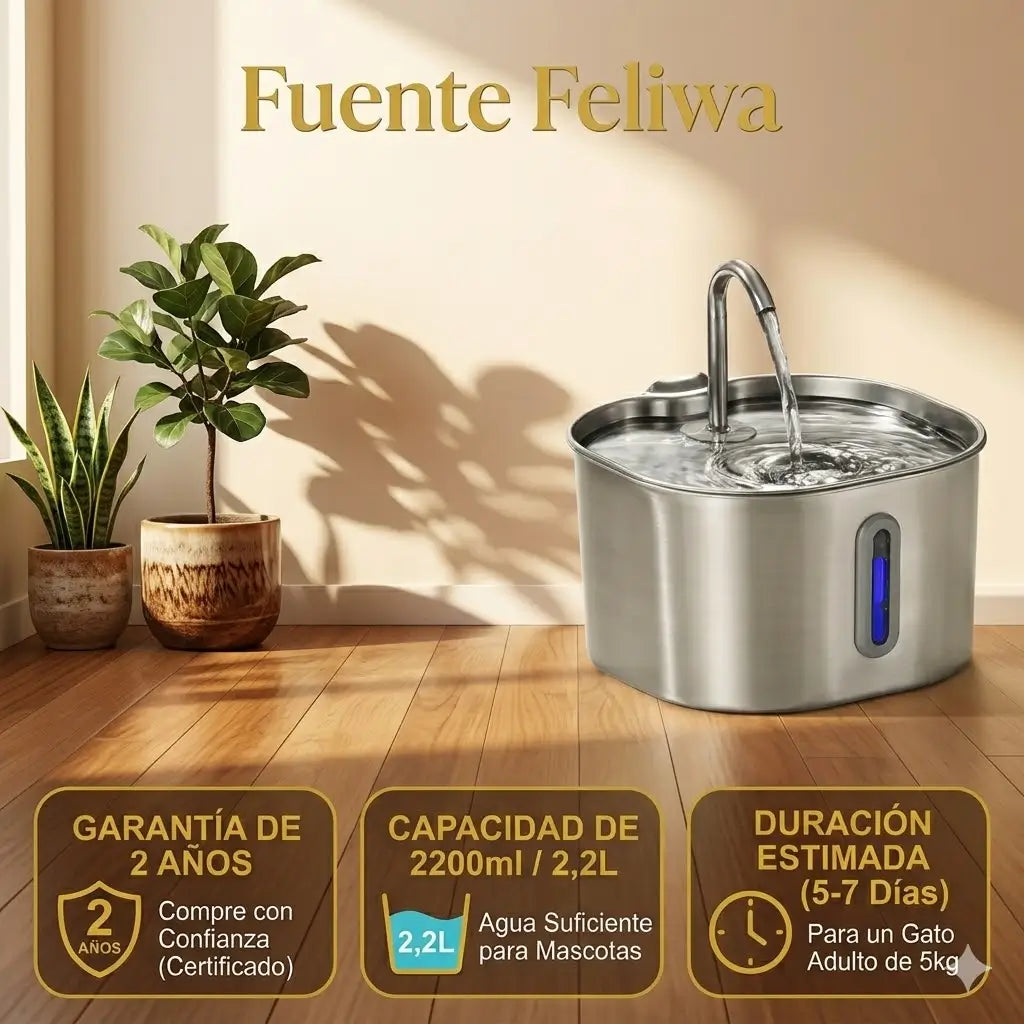 Fuente de Agua para Gatos Feliwa - 2.2L Acero Inoxidable